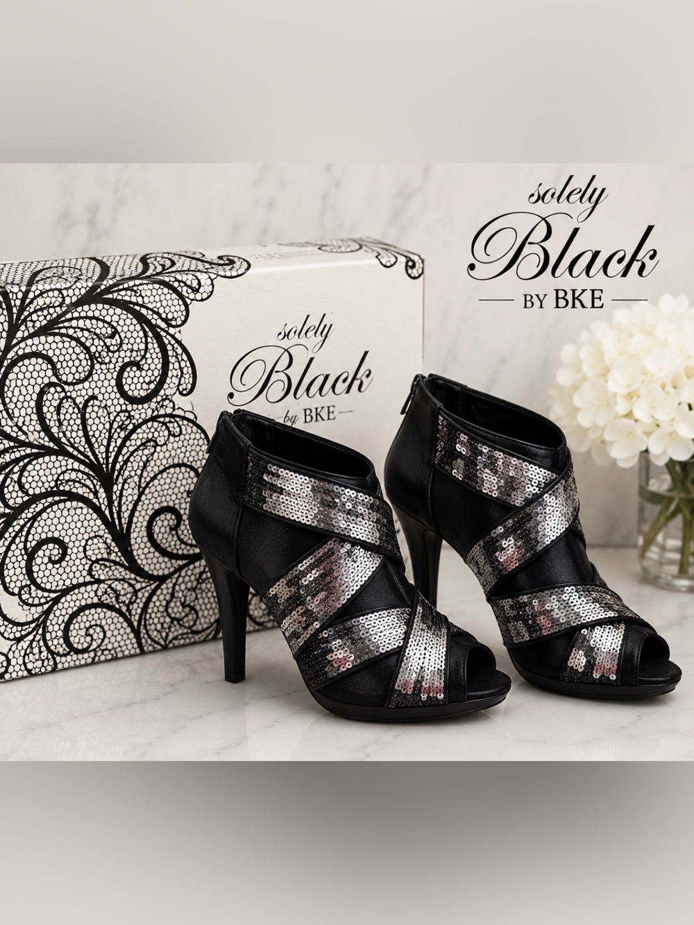 NIB BKE Black Sequin Strappy Peep-Toe Ankle Heels
